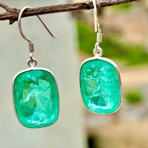 Real natural emerald dangle earrings set in Silver silver